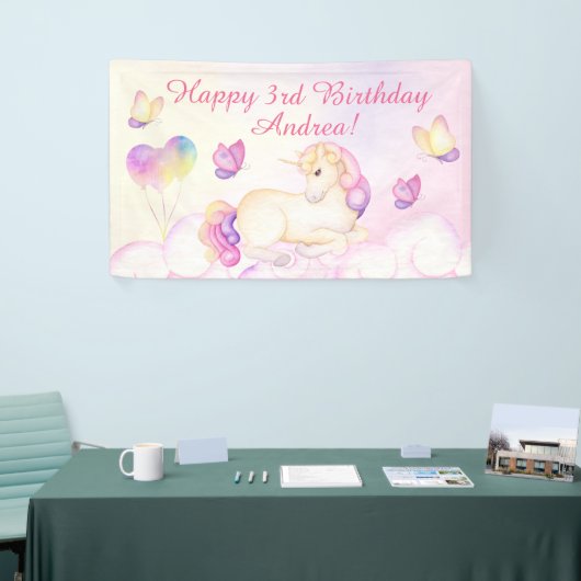 Pastel Waterverf Unicorn en Balloons Birthday Spandoek (Beurs)