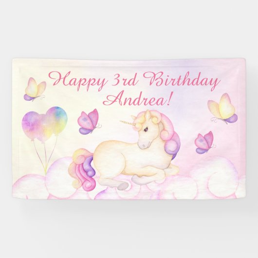 Pastel Waterverf Unicorn en Balloons Birthday Spandoek (Horizontaal)