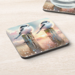 Pastel Waterverf Vogels Omheiningspost Zonsonderga Bier Onderzetter