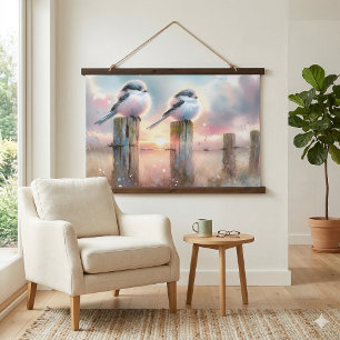 Pastel Waterverf Vogels Omheiningspost Zonsonderga Hangend Wandkleed