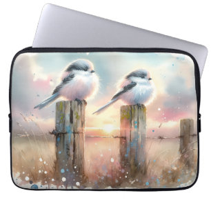 Pastel Waterverf Vogels Omheiningspost Zonsonderga Laptop Sleeve