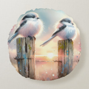 Pastel Waterverf Vogels Omheiningspost Zonsonderga Rond Kussen