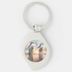 Pastel Waterverf Vogels Omheiningspost Zonsonderga Sleutelhanger