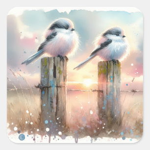 Pastel Waterverf Vogels Omheiningspost Zonsonderga Vierkante Sticker