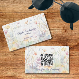 Pastel Waterverf Wildbloemen met QR Code Visitekaartje