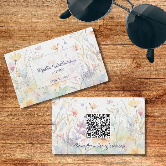 Pastel Waterverf Wildbloemen met QR Code Visitekaartje