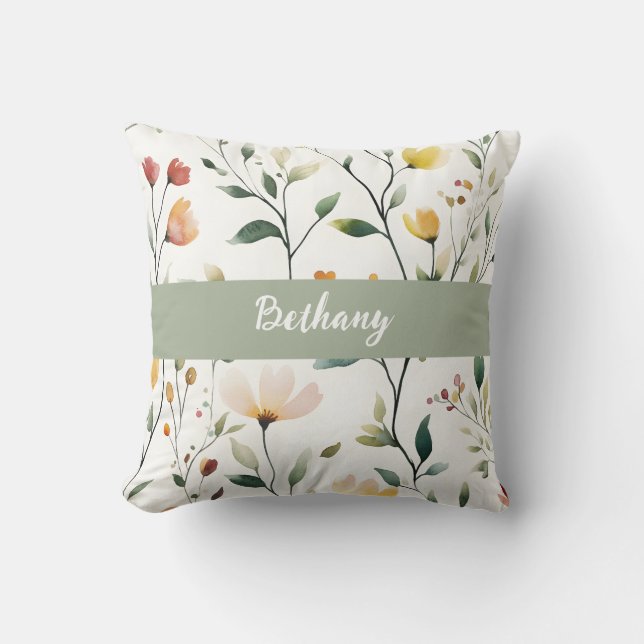 Pastel Waterverf Wilde Bloem Monogramnaam Kussen (Voorkant)