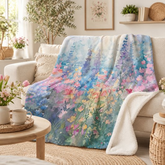 Pastel Waterverf Wilde Bloemenwei Sherpa Deken