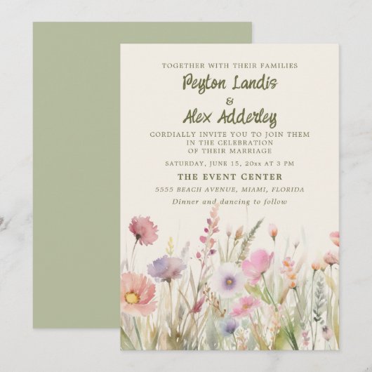 Pastel Waterverf Wildflower Bruiloft Kaart (Voorkant / Achterkant)