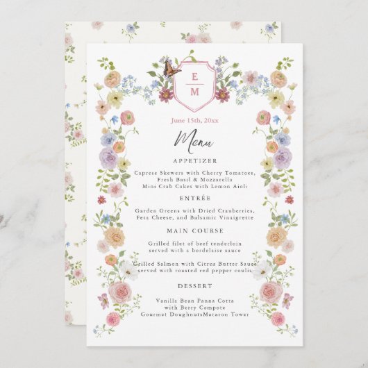 Pastel Waterverf Wildflower Wedding Menu (Voorkant / Achterkant)