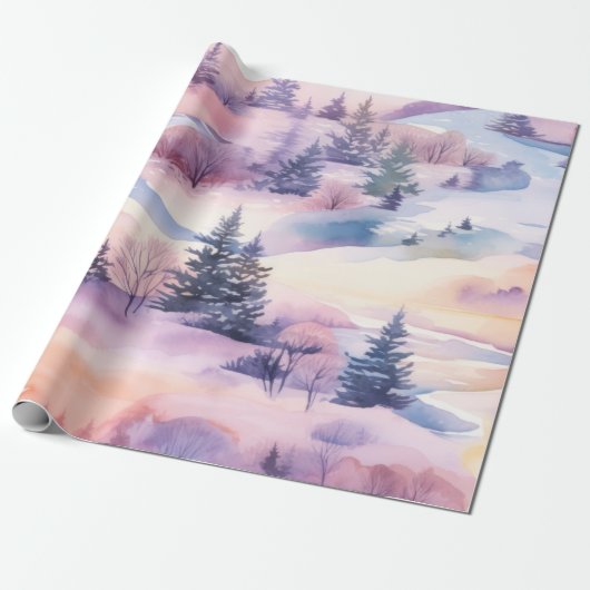 Pastel Waterverf winterbos Patroon Cadeaupapier (Uitgerold)