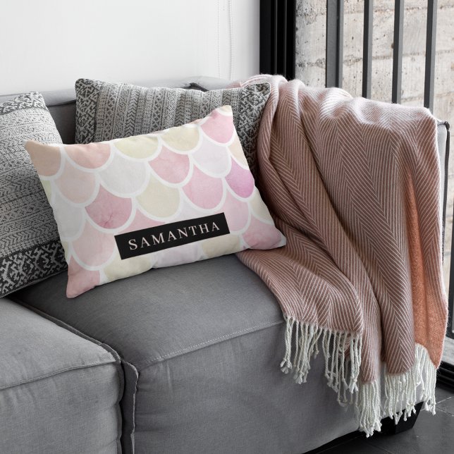 Pastel Waterverf Zeemeermin schaalpatroon met naam Accent Kussen (Creator heeft geüpload)