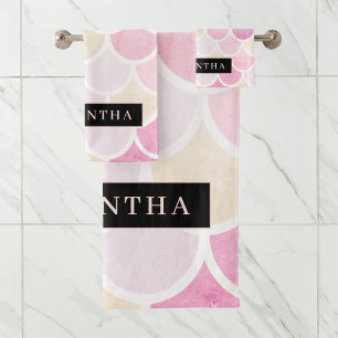 Pastel Waterverf Zeemeermin schaalpatroon met naam Bad Handdoek