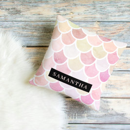 Pastel Waterverf Zeemeermin schaalpatroon met naam Buitenkussen