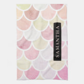 Pastel Waterverf Zeemeermin schaalpatroon met naam Theedoek (Verticaal)