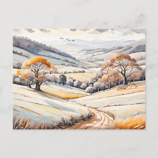 Pastel Waterverf Zonnig winterlandschap Briefkaart (Voorkant)