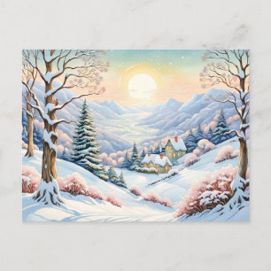 Pastel Waterverf Zonnig winterlandschap Briefkaart