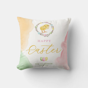 Pastel Waterverfspatten En Kuiken Gelukkig Pasen Kussen