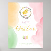Pastel Waterverfspatten En Kuiken Gelukkig Pasen Poster (Voorkant)