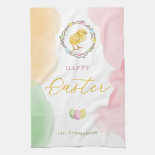 Pastel Waterverfspatten En Kuiken Gelukkig Pasen Theedoek