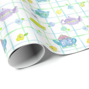 Pastel Waterverfteepotten Bloemen Cadeaupapier