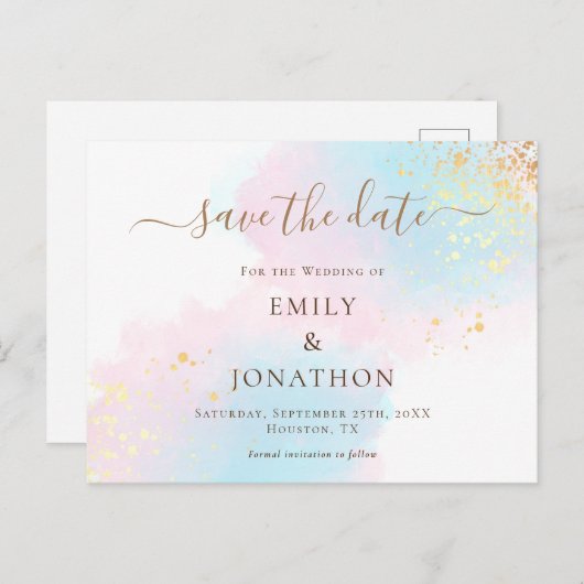 Pastel Waterverven Blauw Goud Roze Bewaar de datum Aankondigingskaart (Voorkant / Achterkant)