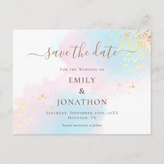 Pastel Waterverven Blauw Goud Roze Bewaar de datum Aankondigingskaart (Voorkant)