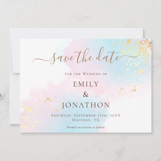 Pastel Waterverven Blauw Goud Roze bruiloft Save The Date (Voorkant)