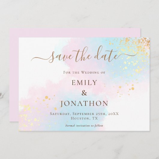 Pastel Waterverven Blauw Goud Roze bruiloft Save The Date (Voorkant / Achterkant)