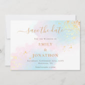 Pastel Waterverven Blauw Roze Goud bruiloft Save The Date (Voorkant)
