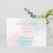 Pastel Waterverven Blauw Roze Goud bruiloft Save The Date (Staand voorkant)
