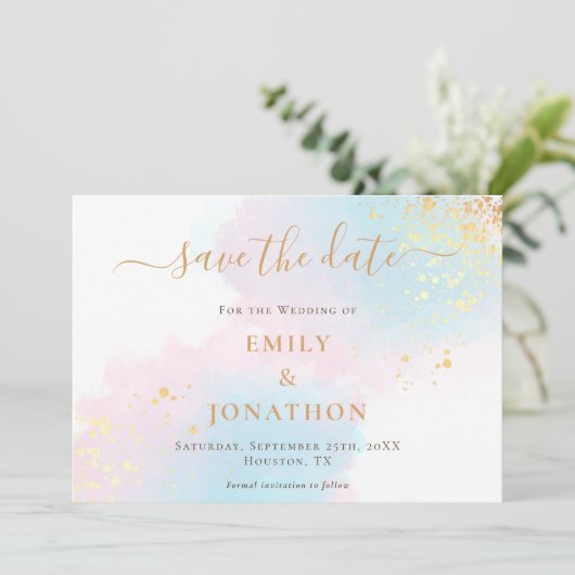 Pastel Waterverven Blauw Roze Goud bruiloft Save The Date (Staand voorkant)