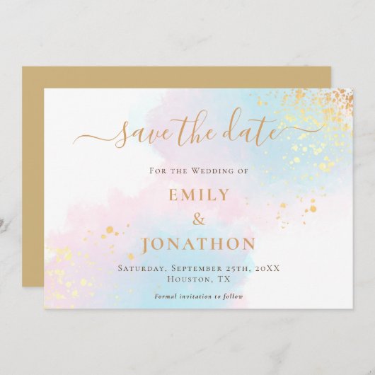 Pastel Waterverven Blauw Roze Goud bruiloft Save The Date (Voorkant / Achterkant)