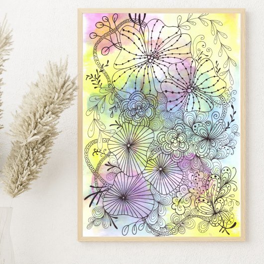 Pastel Waterverven Elegante Florals Zwart Line Art Poster
