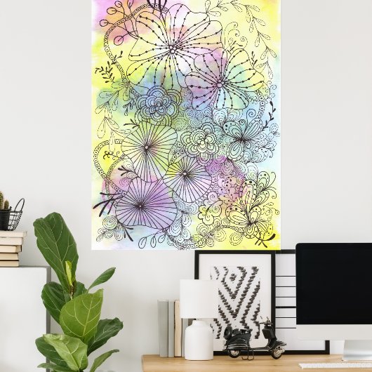 Pastel Waterverven Elegante Florals Zwart Line Art Poster (Thuiskantoor)