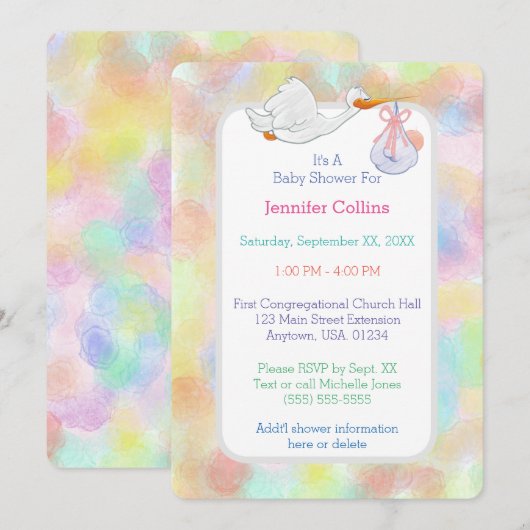 Pastel Waterverven Ooievaar met Bundel Baby shower Kaart (Voorkant / Achterkant)