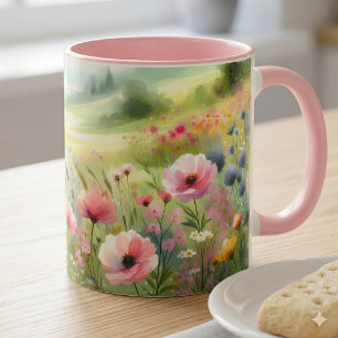 Pastel Weide Landschap Met Wilde Bloemen Mok