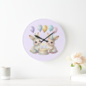Pastel Whimsical Bunny Twins Birthday wall clock  Grote Klok (Huis)