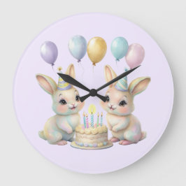 Pastel Whimsische Tweeling Konijn Verjaardag wandk Grote Klok