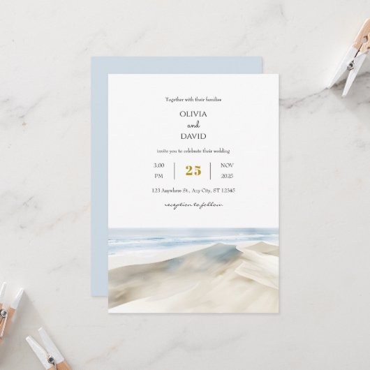 Pastel White Sandy Dunes Shoreline Beach Wedding Kaart (Voorkant / Achterkant in situ)