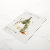 Pastel White Snow Tree Houses Merry Kerstmis Folie Feestdagenkaart (Gedraaid)