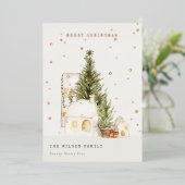 Pastel White Snow Tree Houses Merry Kerstmis Folie Feestdagenkaart (Staand Voorkant)