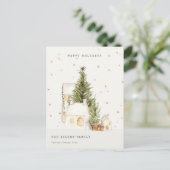 Pastel White Snow Tree Houses Seasons Greetings Feestdagenkaart (Staand voorkant)