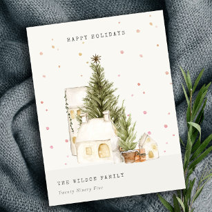 Pastel White Snow Tree Houses Seasons Greetings Feestdagenkaart