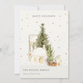 Pastel White Snow Tree Houses Seasons Greetings Feestdagenkaart (Voorkant)