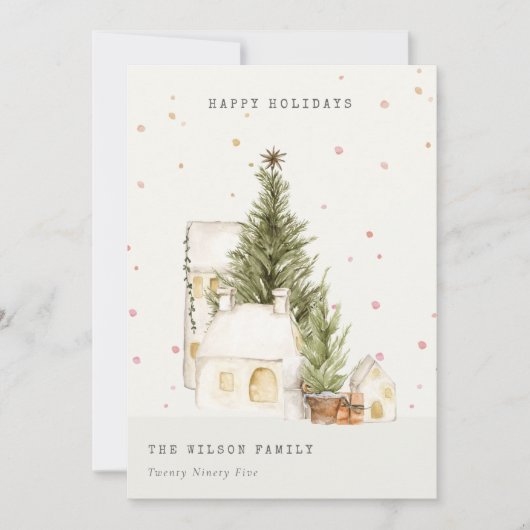 Pastel White Snow Tree Houses Seasons Greetings Feestdagenkaart (Voorkant)