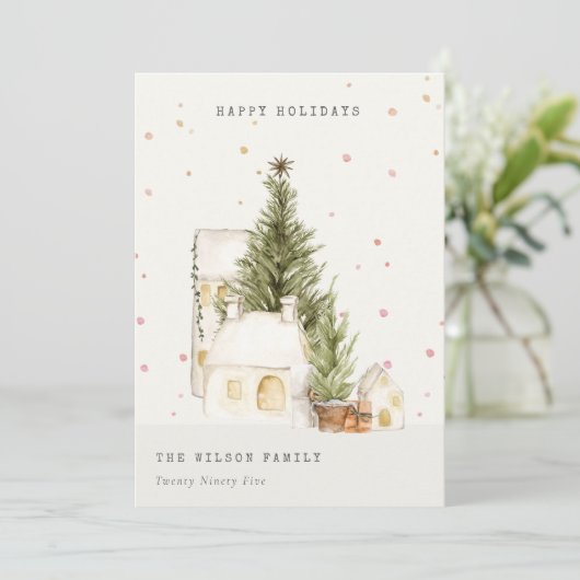 Pastel White Snow Tree Houses Seasons Greetings Feestdagenkaart (Staand voorkant)