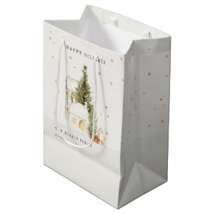 Pastel White Snow Tree Houses Seasons Greetings Medium Cadeauzakje