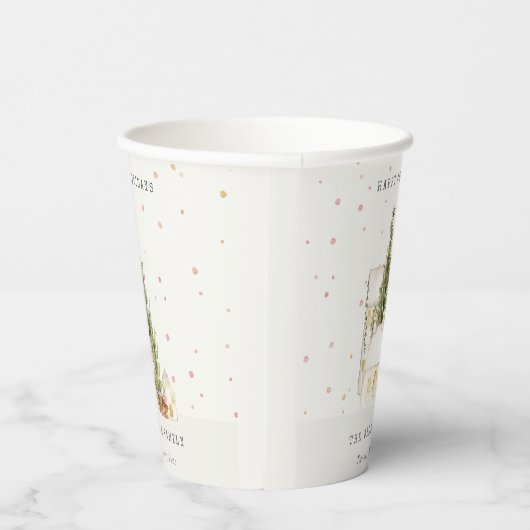 Pastel White Snow Tree Houses Seasons Greetings Papieren Bekers (Rechts)