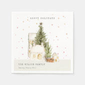 Pastel White Snow Tree Houses Seasons Greetings Servet (Voorkant)